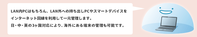 LAN内PCはもちろん、LAN外への持ち出しPCやスマートデバイスをインターネット回線を利用して一元管理します。 日・中・英の3ヶ国対応により、海外にある端末の管理も可能です。