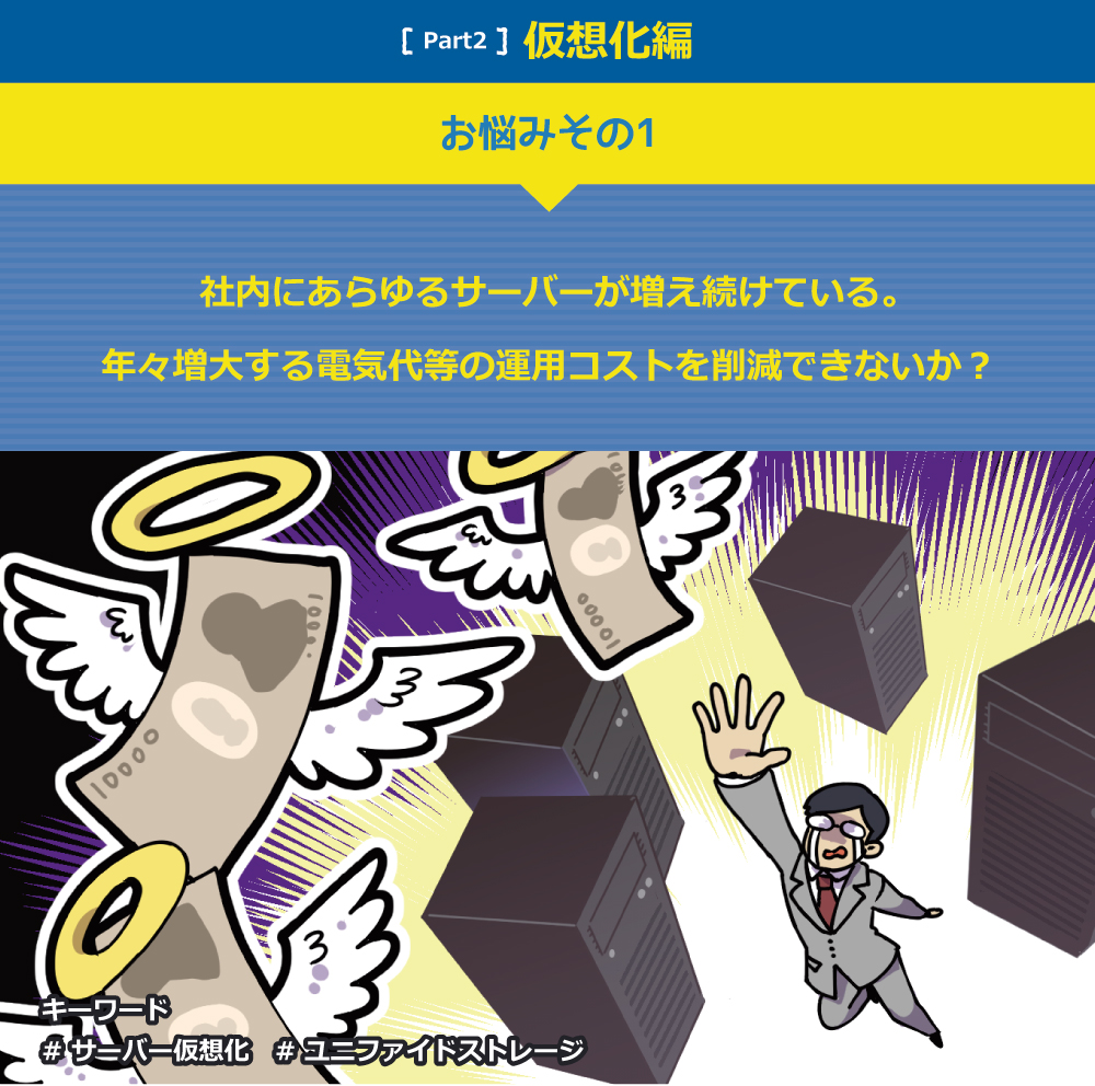 社内にあらゆるサーバーが増え続けている。 年々増大する電気代等の運用コストを削減できないか？