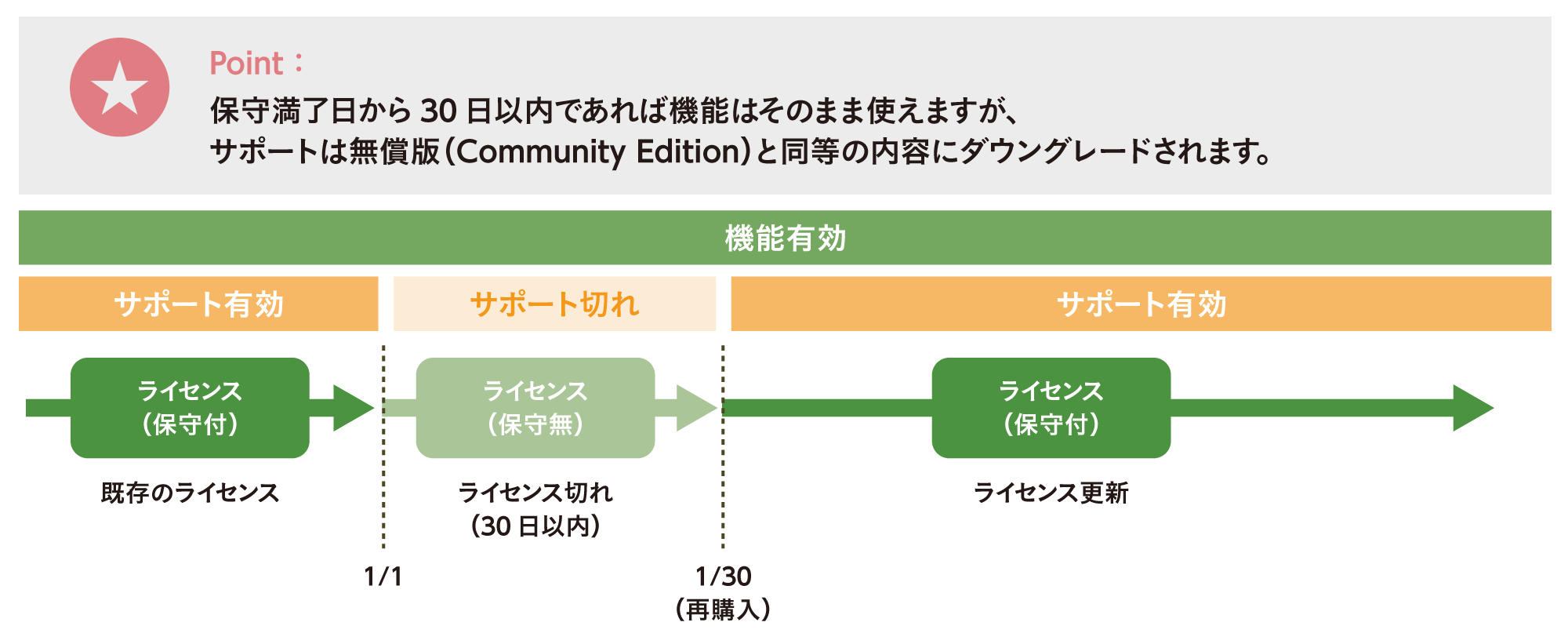 保守満了日から30日以内であれば機能は使えるがサポートが無償版の内容にダウングレード。